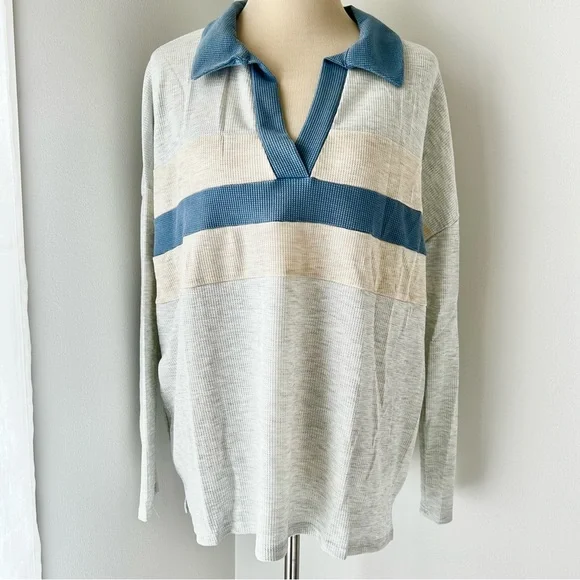 🌸NWT Women’s Waffle V-Neck Collared Top. Blue/Grey/Cream. Size: Large - Picture 10 of 10